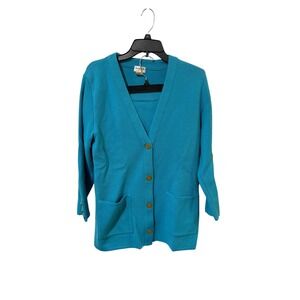 Vintage Rodier Size Medium Teal Blue Wool Blend Knit Cardigan and Skirt